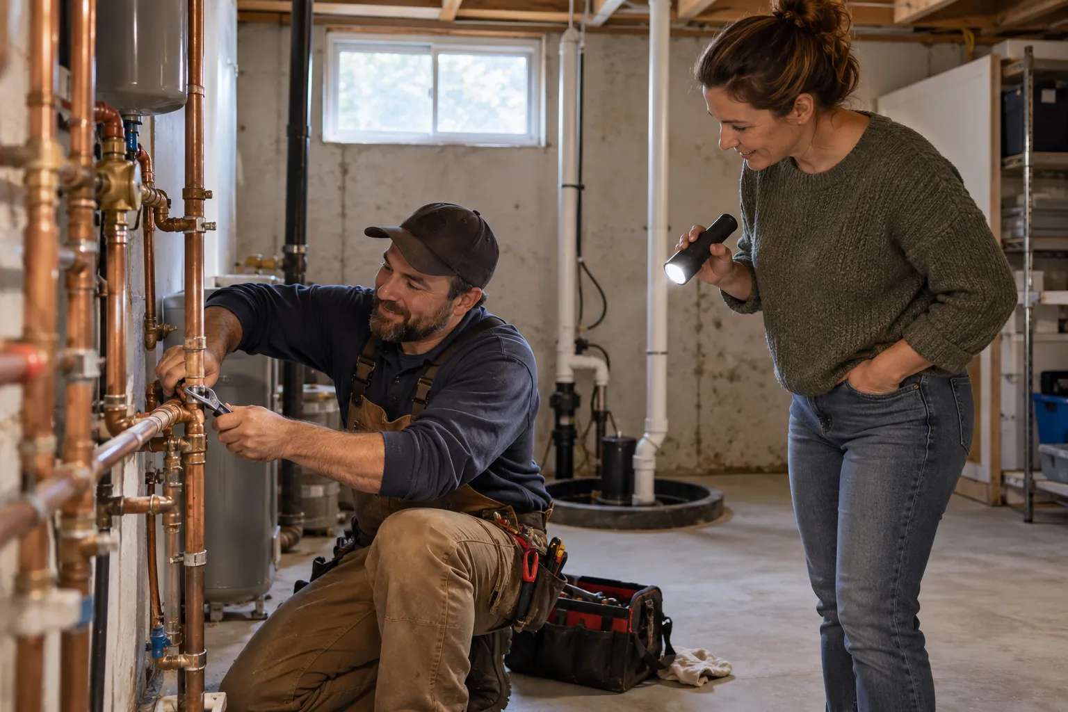 A local plumbing provider kneeling beside a basement pipe while a homeowner looks on in Salem Lakes